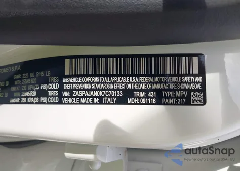 2019 Alfa Romeo Stelvio Sport Rwd из США, поврежденный, VIN ZASPAJAN0K7C70133